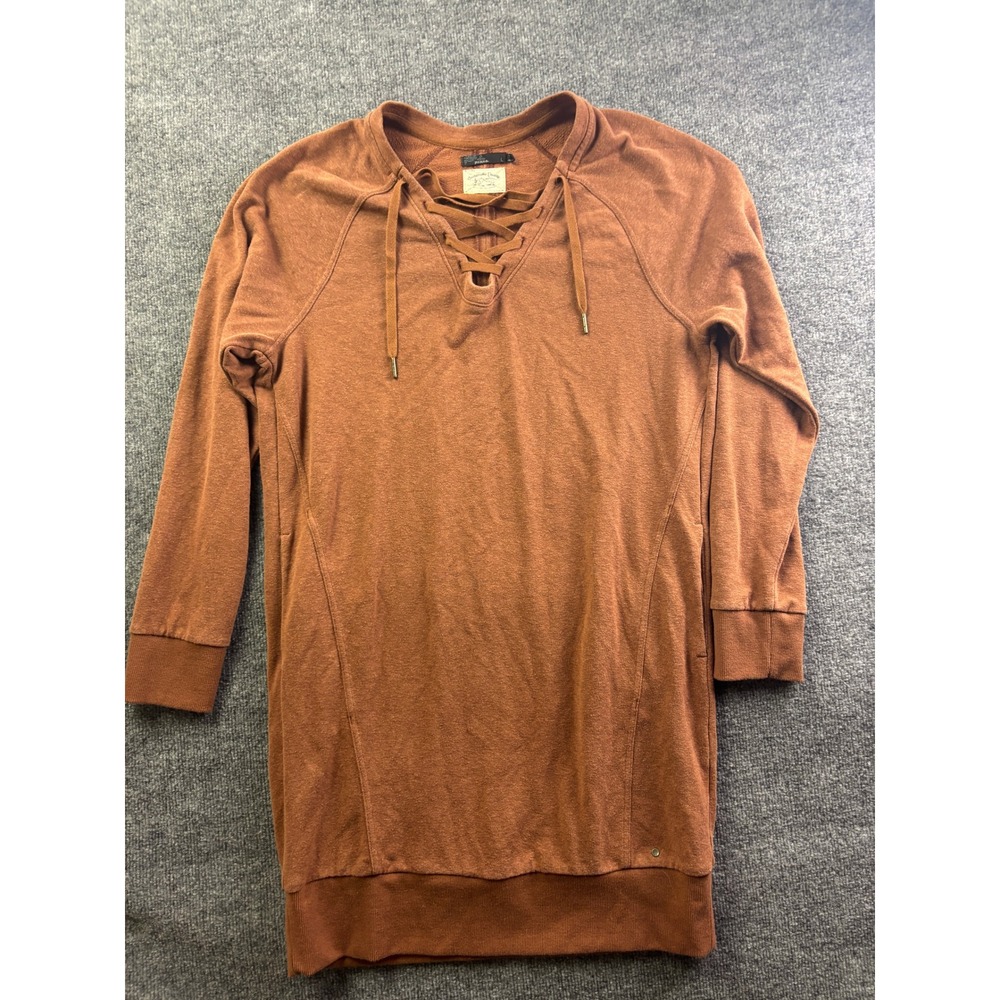 Prana Tunic Sweatshirt Womens Large Brown Lace Up Neck Pockets Longline Pullover